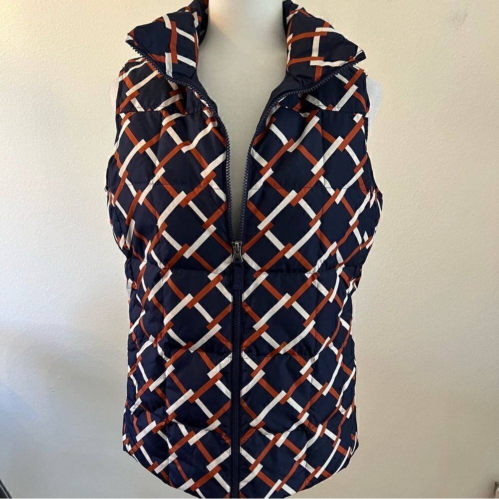 Lands’ End Puffer Vest women’s Navy Brown Down Filled Front Zip Size Small 6-8